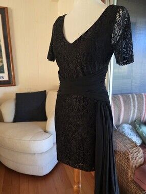 bebe Black Lace Cocktail Dress Short Sleeve with DRAMA Waist Sash